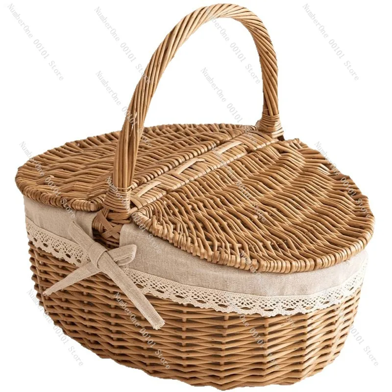 Rustic Wicker Picnic Basket with Lid Insulated Lining Handwoven Willow Storage Tote Portable Outdoor Spring Outing Food