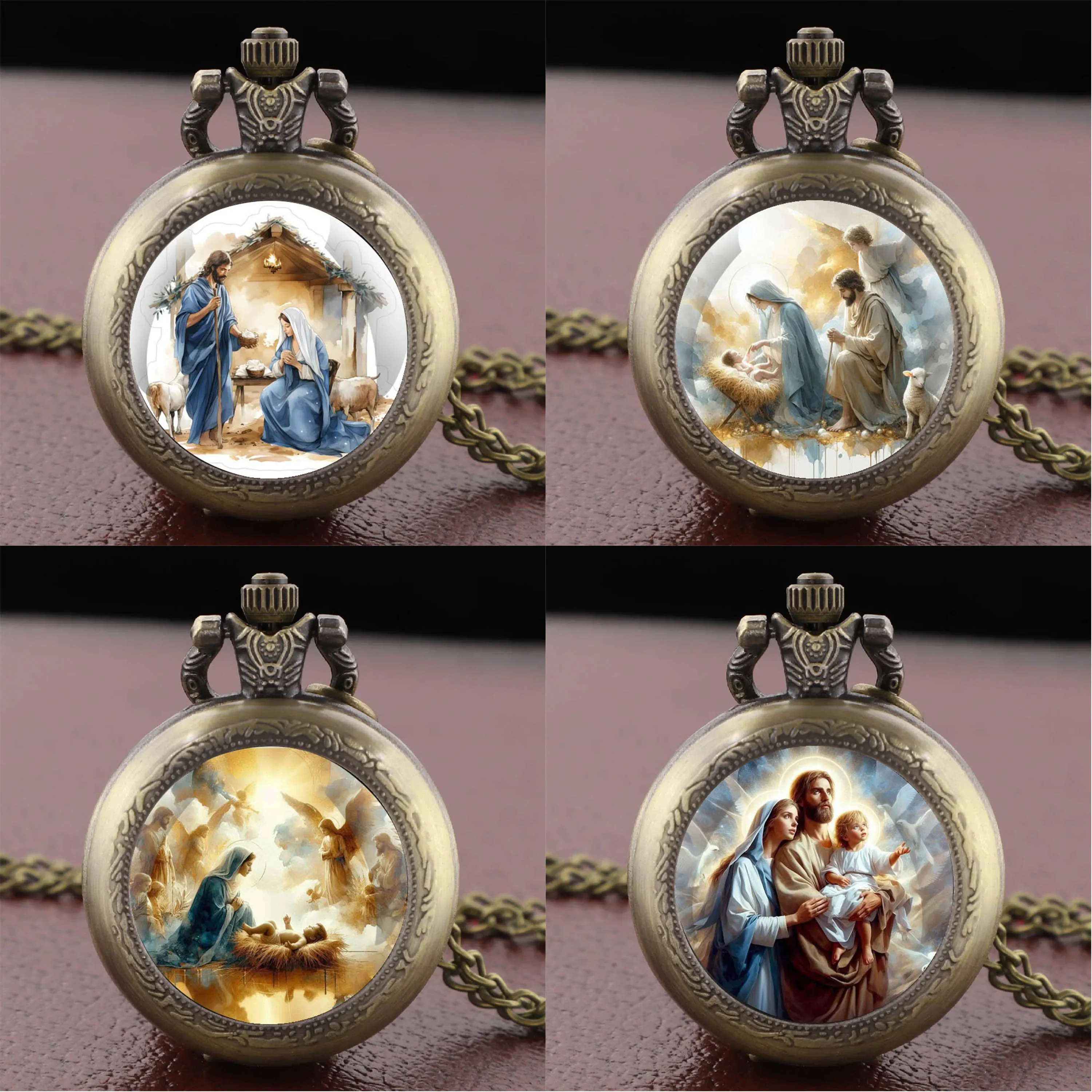 

Религиозные бронзовые карманные часы с изображением Девы Марии и Иисуса в стеклянном куполе, винтажный кулон-подвеска, украшение для женщин и мужчин
