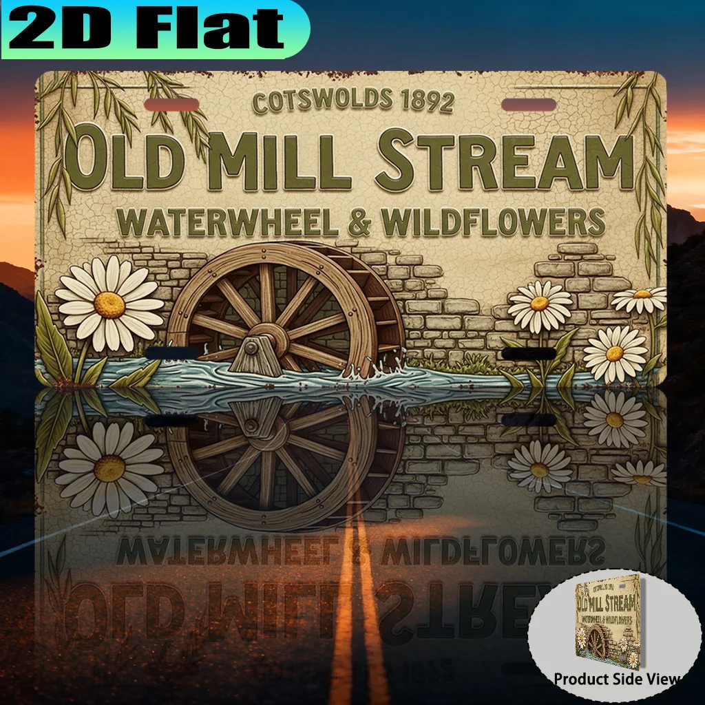 2D Flat, [2D Flat] 1pc, Cotswolds Old Mill Stream Waterwheel & Wildflowers Vintage Aluminum Sign (30.48 X 15.24cm), for Decorati