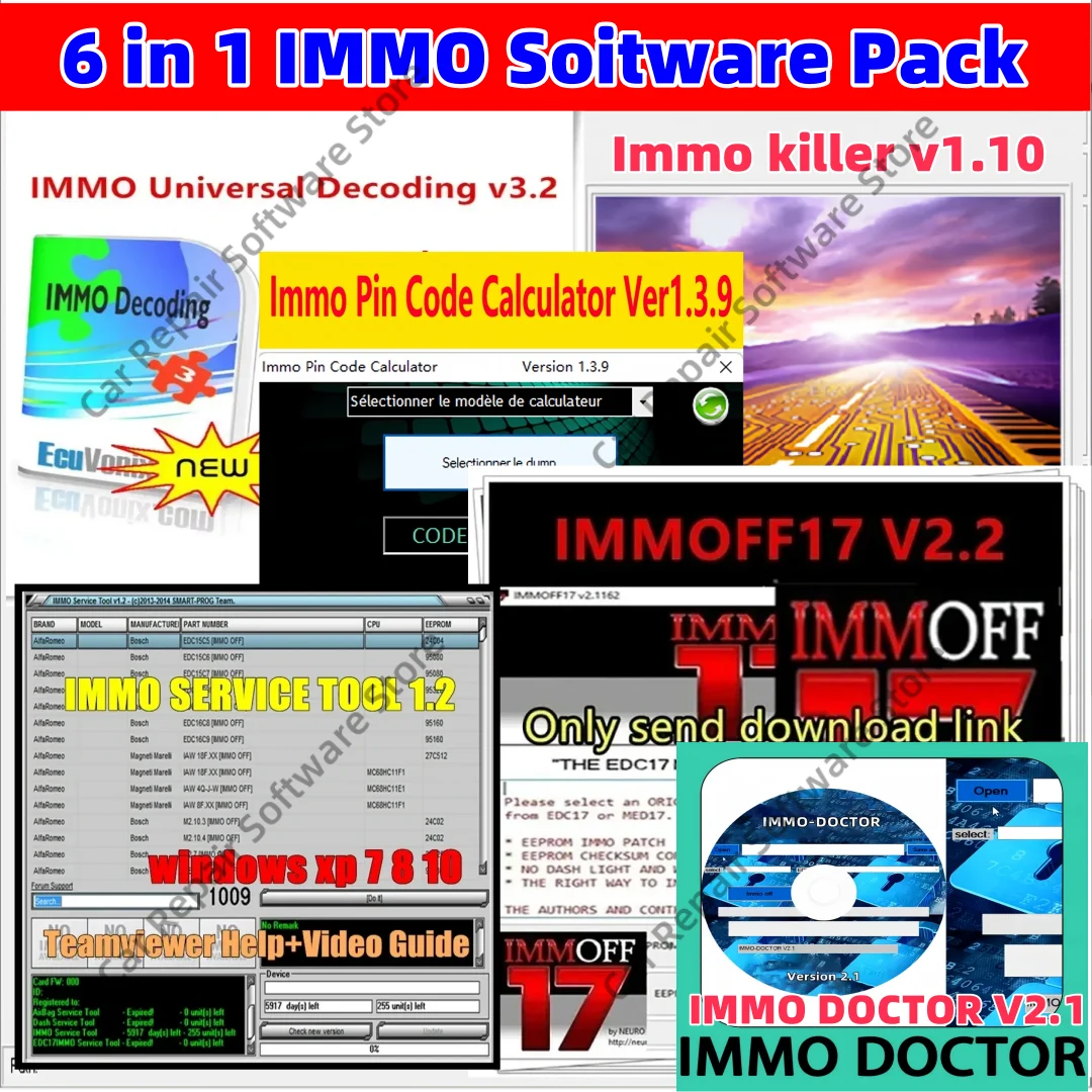 

Newest IMMO OFF Universal Decoding software pack service tool immoff 17 doctor V2.1 serviceTool 1.2 Killer v1.1 Pin Code 1.3.9