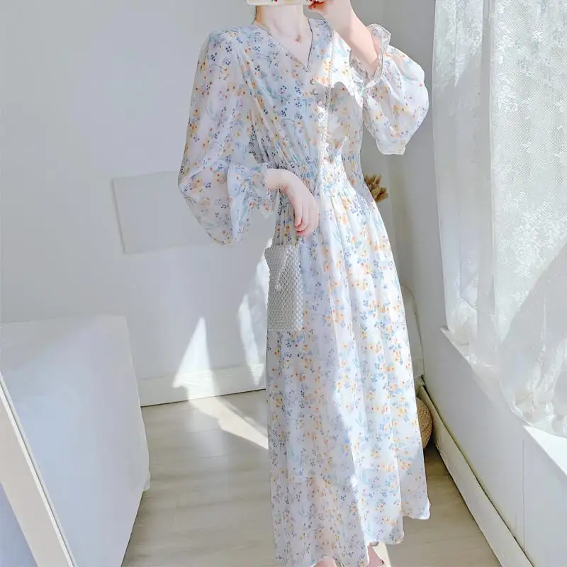 Chiffon Dresses for Women Long Floral Kawaii Cute Maxi Flower Fairy Soft Satin Woman Sleeve Silk Dress Elegant Chic Clothing Xxl