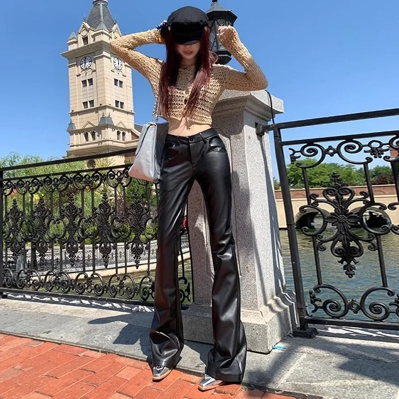 

Женская винтажная эластичная одежда в стиле Харадзюку, один размер, элегантная распродажа, женские брюки с высокой талией, сексуальные черные расклешенные брюки из искусственной кожи
