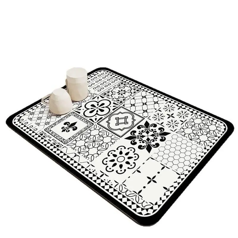 Bohemian Print Diatom Absorbent Drain Pad Non-slip Scratch Resistant Kitchen Mat for Countertop Dish Drying