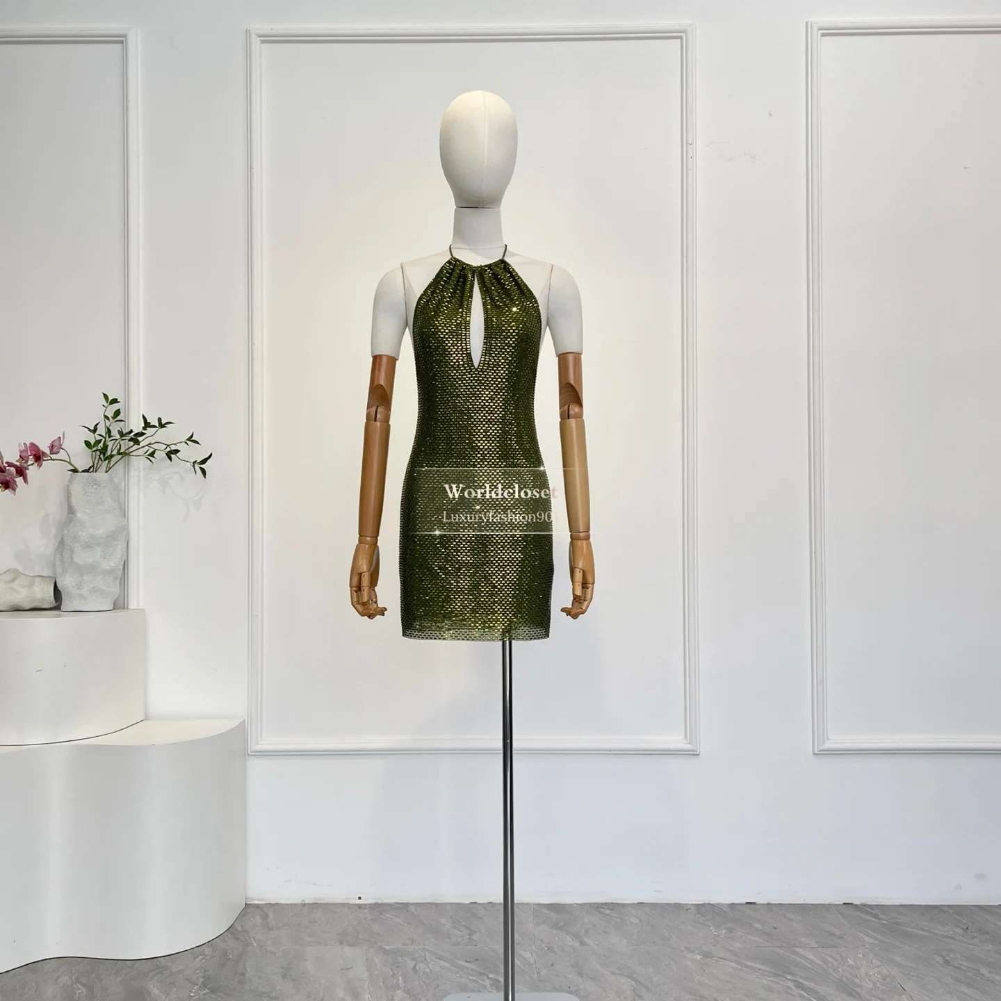 

2026 Lastest New Green Diamonds Halter Neck Cut Out Women Backless Top Quality Mini Dress