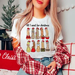 Funny Christmas Adult Humor All I Want For Christmas Pattern Short Sleeved Women's Top Round Neck Printed New Year's T-Shirt