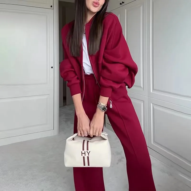 Women Two Piece Sets Pant Set Solid Loose Casual Full Sleeve Elegant Tracksuit Zipper Coats Wide Leg Long Pants High Waist