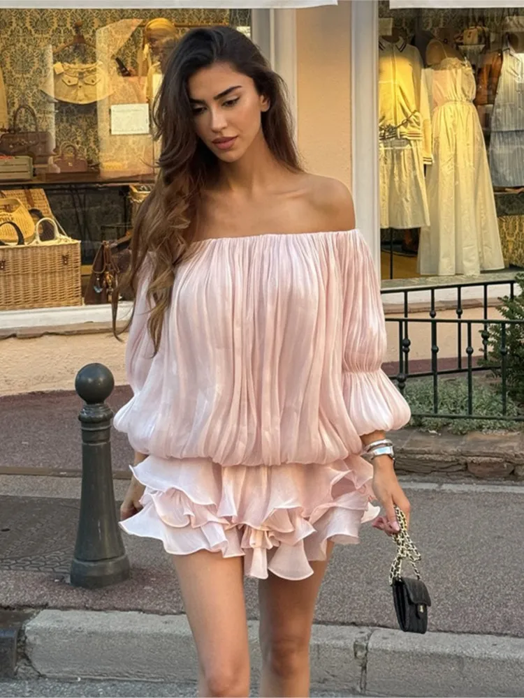 

Lantern Sleeve Dress Vestidos Dresses Woman Solid Color Simple Style All-match Temperament French Ruffles Fashion Sweet Elegant