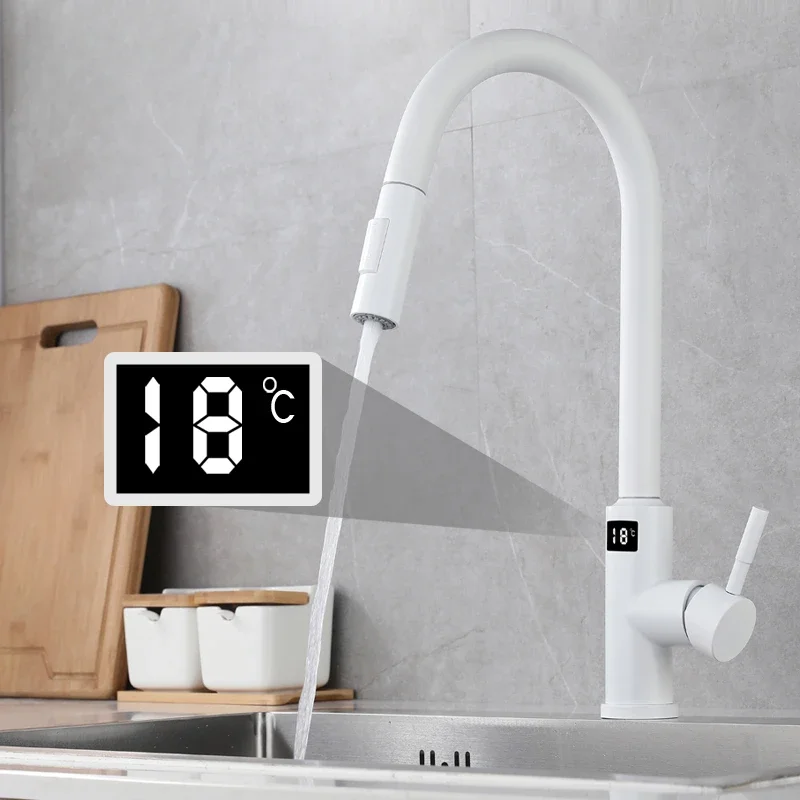 

Kitchen Faucets Full Out, Digital Sink Sensor 3 Way Brass Luxury Black White,pull Down