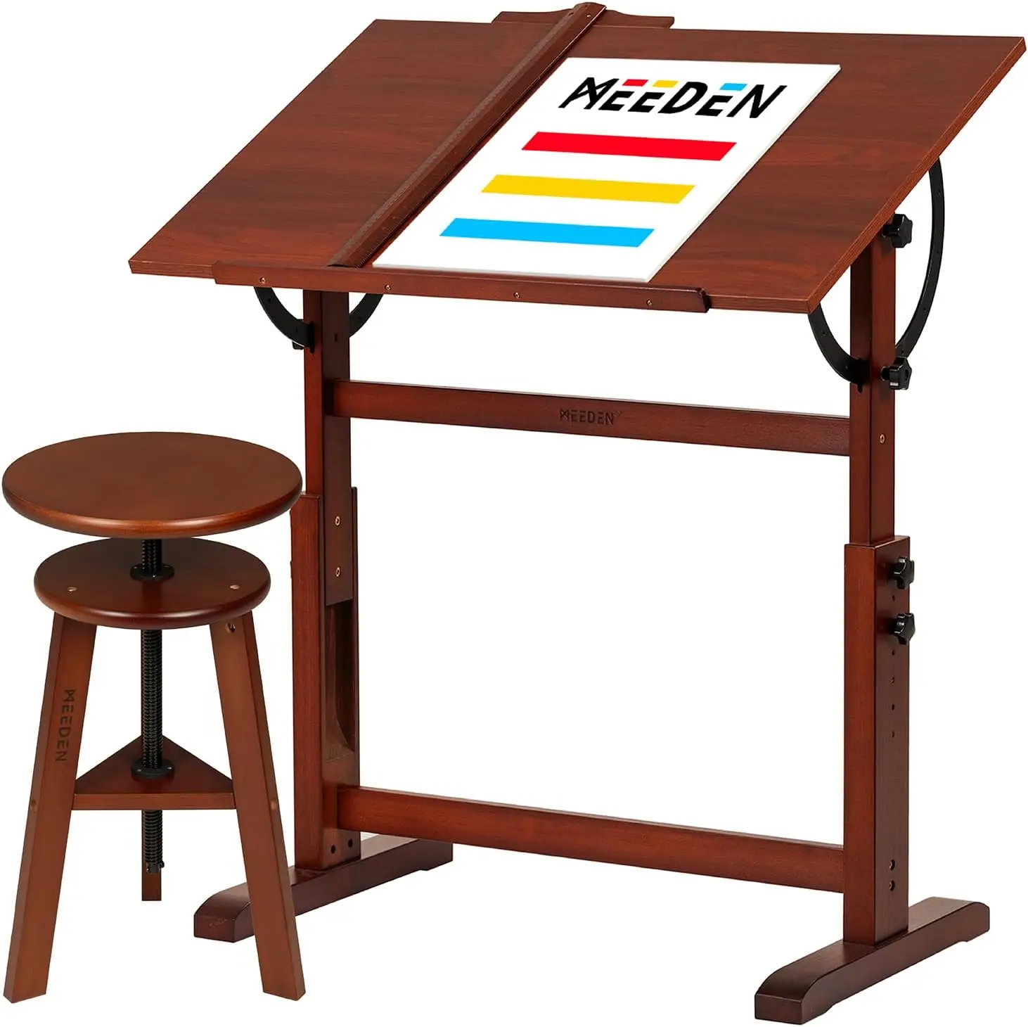 MEEDEN Vintage Wood Drafting Table & Stool Set, Artist Drafting Chair and Craft Table with Adjustable Height, Tiltable Tabletop