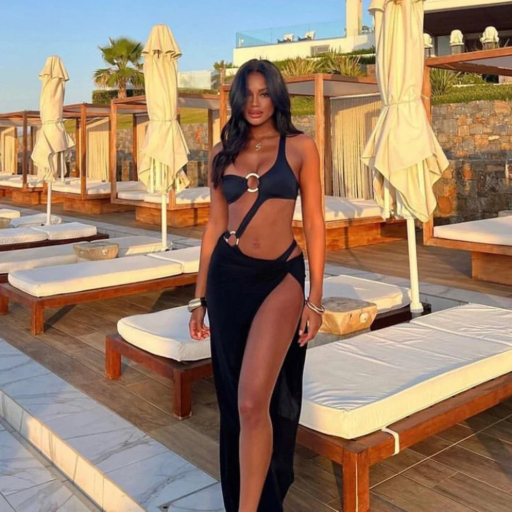 قطعتين حريمي بكتف واحد 2024 حمالة صدر مبطنة رافعة للصدر ملابس سباحة سوداء بدلة استحمام مونوكيني للسيدات