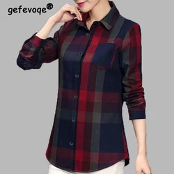 Middle Aged Elderly Women Clothing Vintage Plaid Cotton Button Up Shirt Spring Autumn Casual Lapel Blouse Long Sleeve Loose Tops