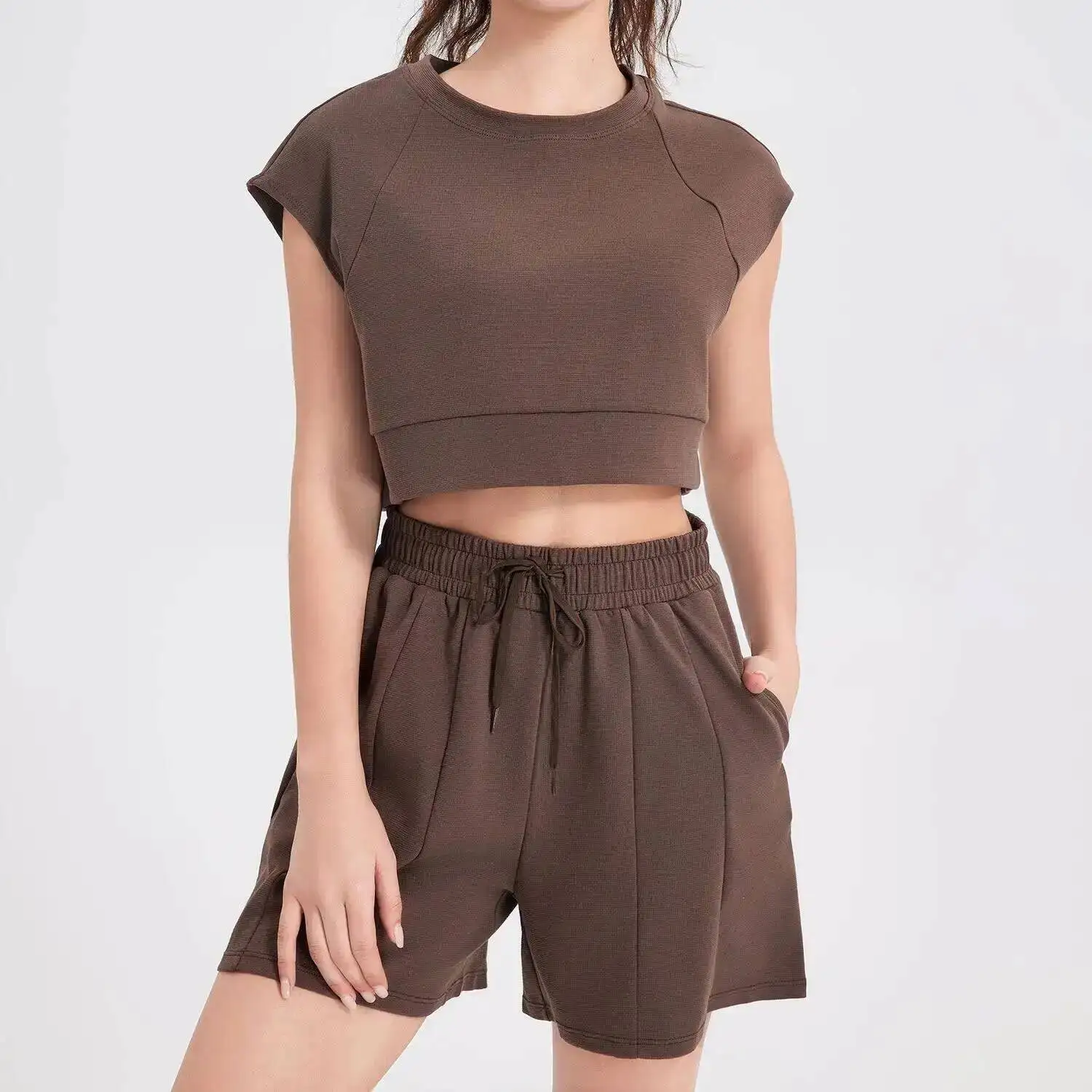 

Two Pieces Fiess Yoga Set Summer Solid Color Outdoor Running Suit Breathable Quick Dry Casual Short Sportswear Gym Clothes