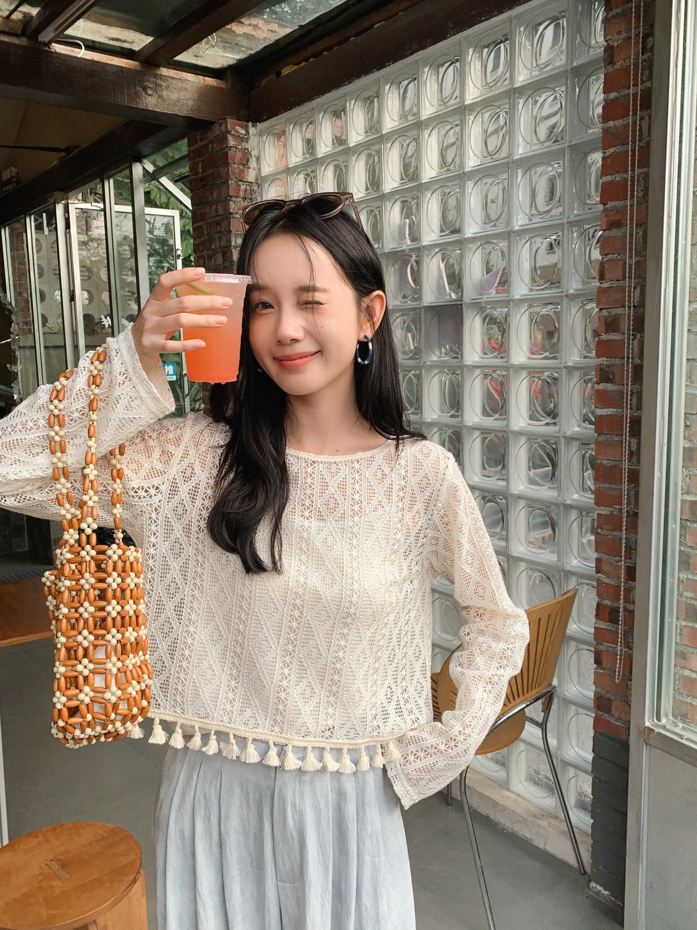 Lace Knit T-Shirt for Women Summer Hollow Out Crochet Top Loose Long Sleeve Tassel Blouse Sun Protection Beach Cover Up Shirt