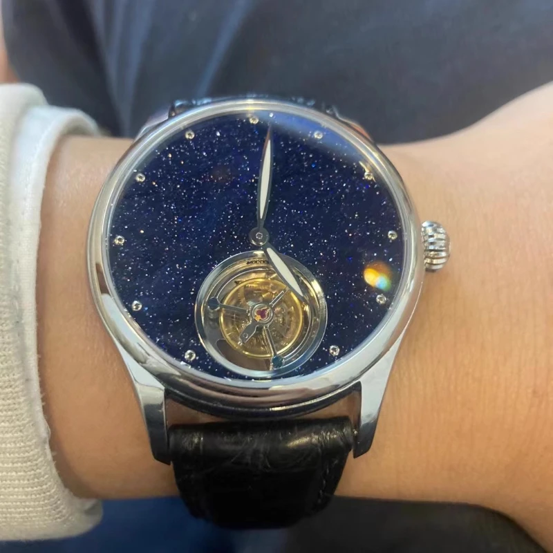 

42mm Non-Card Tourbillon Movement Watch! Starry Sky Watch with American Alligator Leather Strap Men's Watch