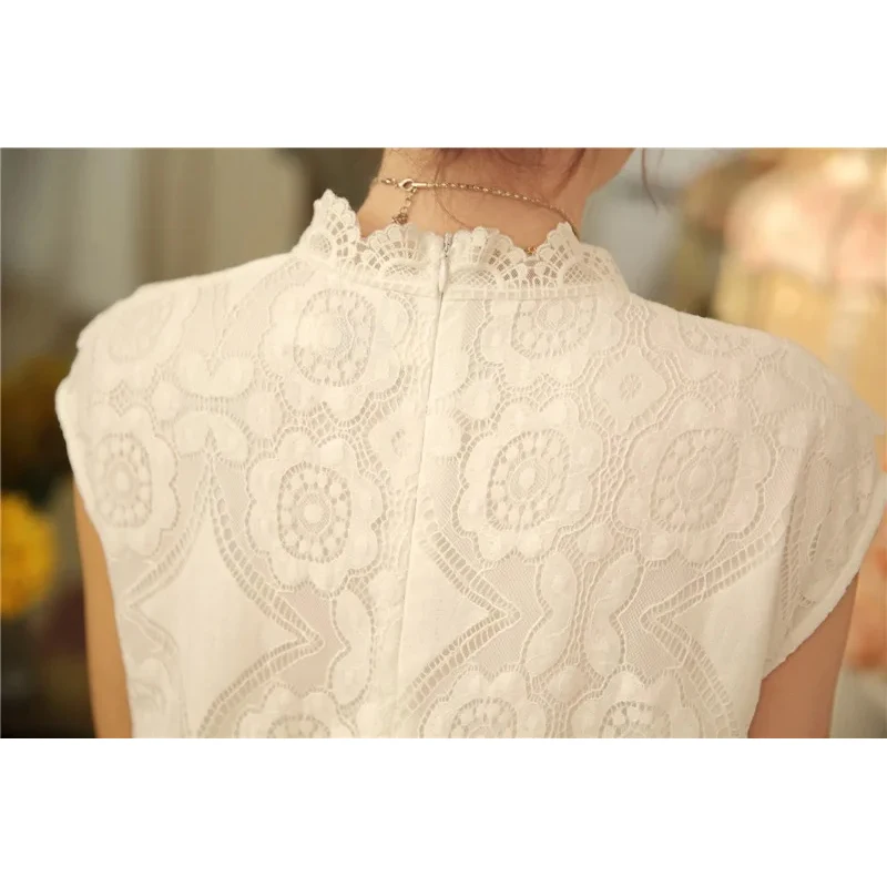 Korean Fashion White Lace Blouse for Women, Sleeveless Stand Collar Shirt, Office Lady Summer Tops, Casual Loose Clothes, 57F