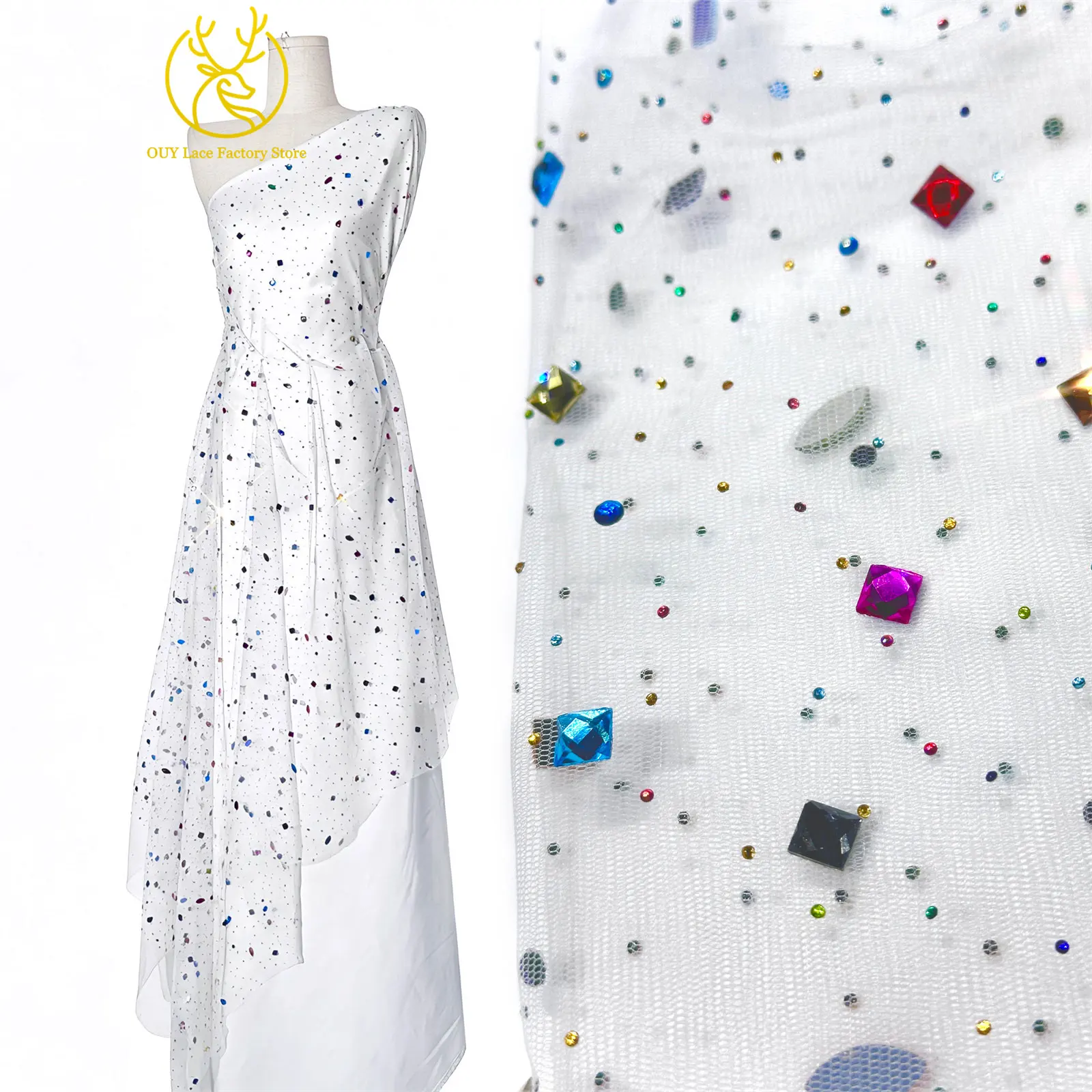 Eleganter nigerianischer Strass-Tüll-Spitzenstoff 2026 – Französischer farbenfroher Stein-Mesh-Spitzenstoff für Hochzeitskleider – Detail 8
