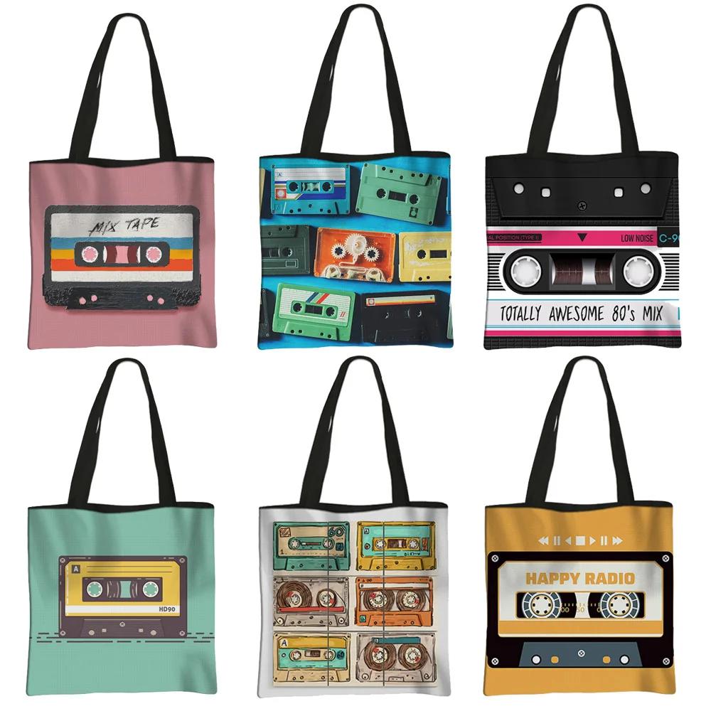 Vintage Cassette Audio Mixtape Magnetic Music Tape Print Handbag 80s 90s Women School Tote Bag Eco Reusable Canvas Shopping Bags