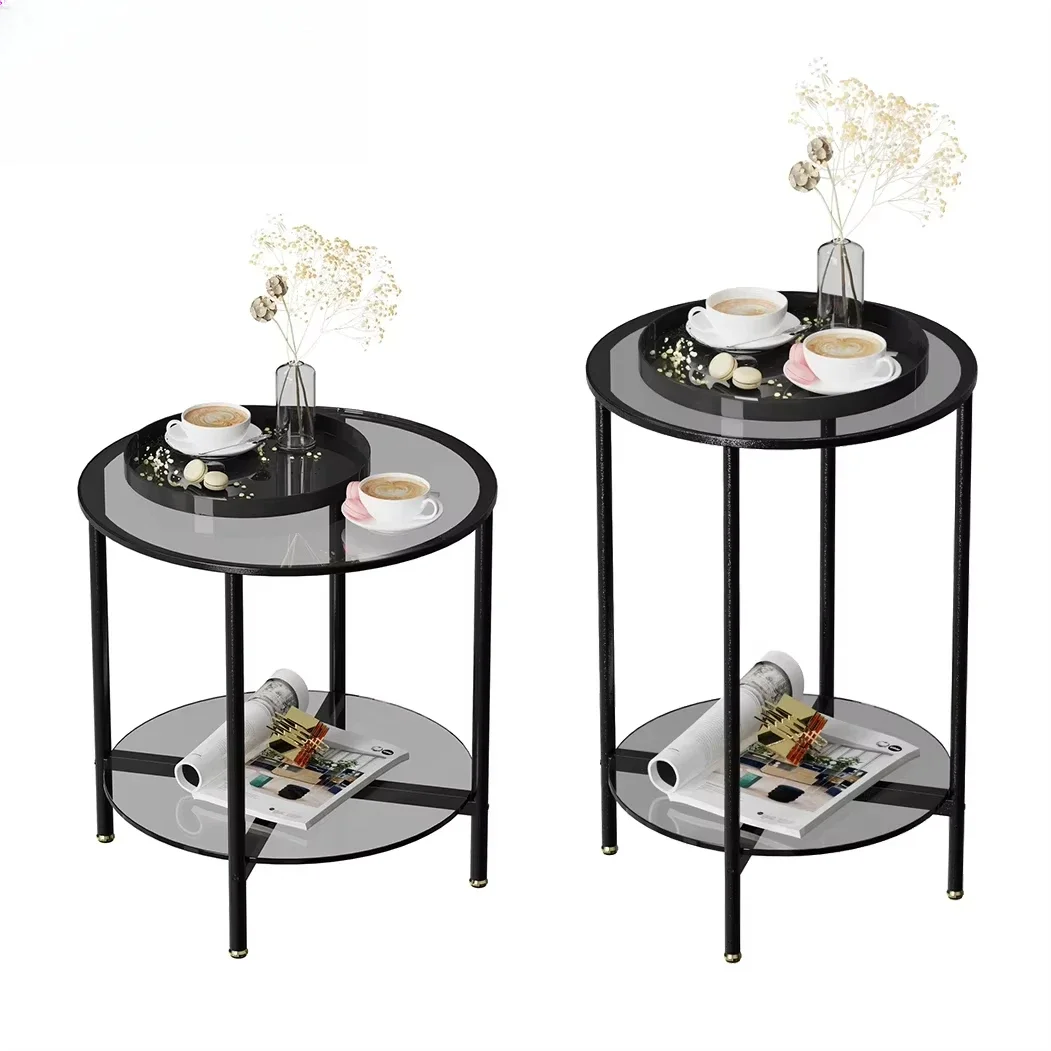 Round Tempered Glass Coffee Table Living Room Sofa End Table with 2-tier Storage for Home, Office