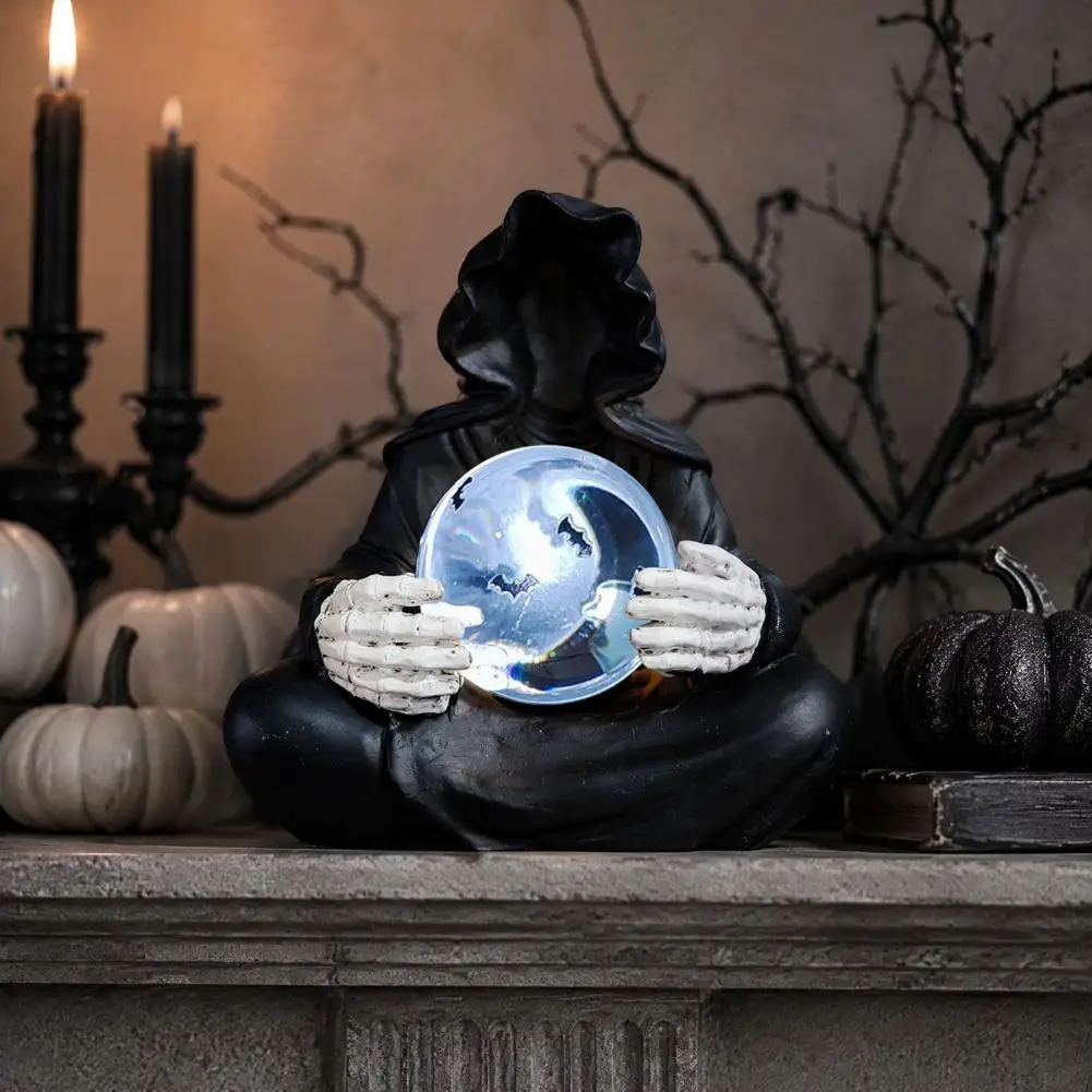 Mystery Bat Pattern Night Lamp Resin Skull Statue Faux Ball Grim Reaper Statue Black Robed Sculpture Mysterious Glowing for Home