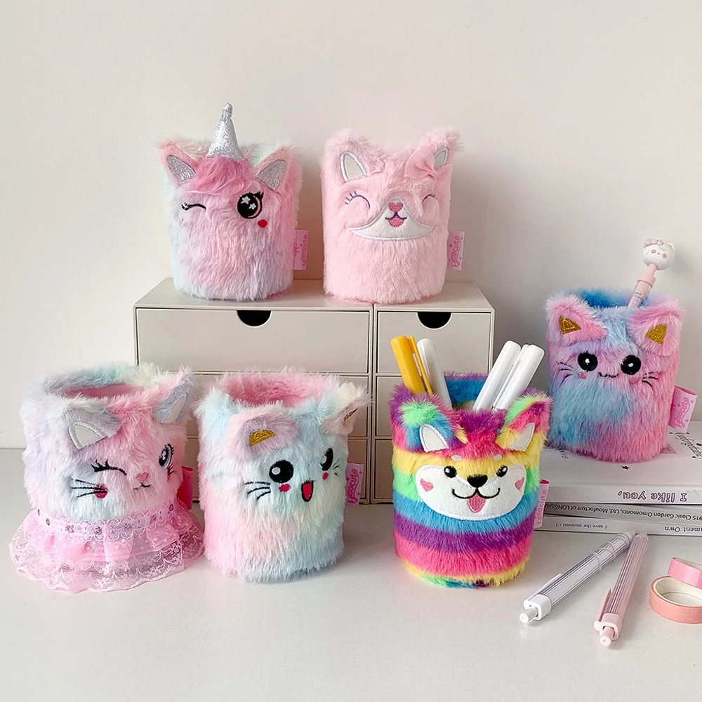 

Cute cartoon plush pen holder, student learning stationery storage bucket, DIY material tool storage box, desktop storage gift