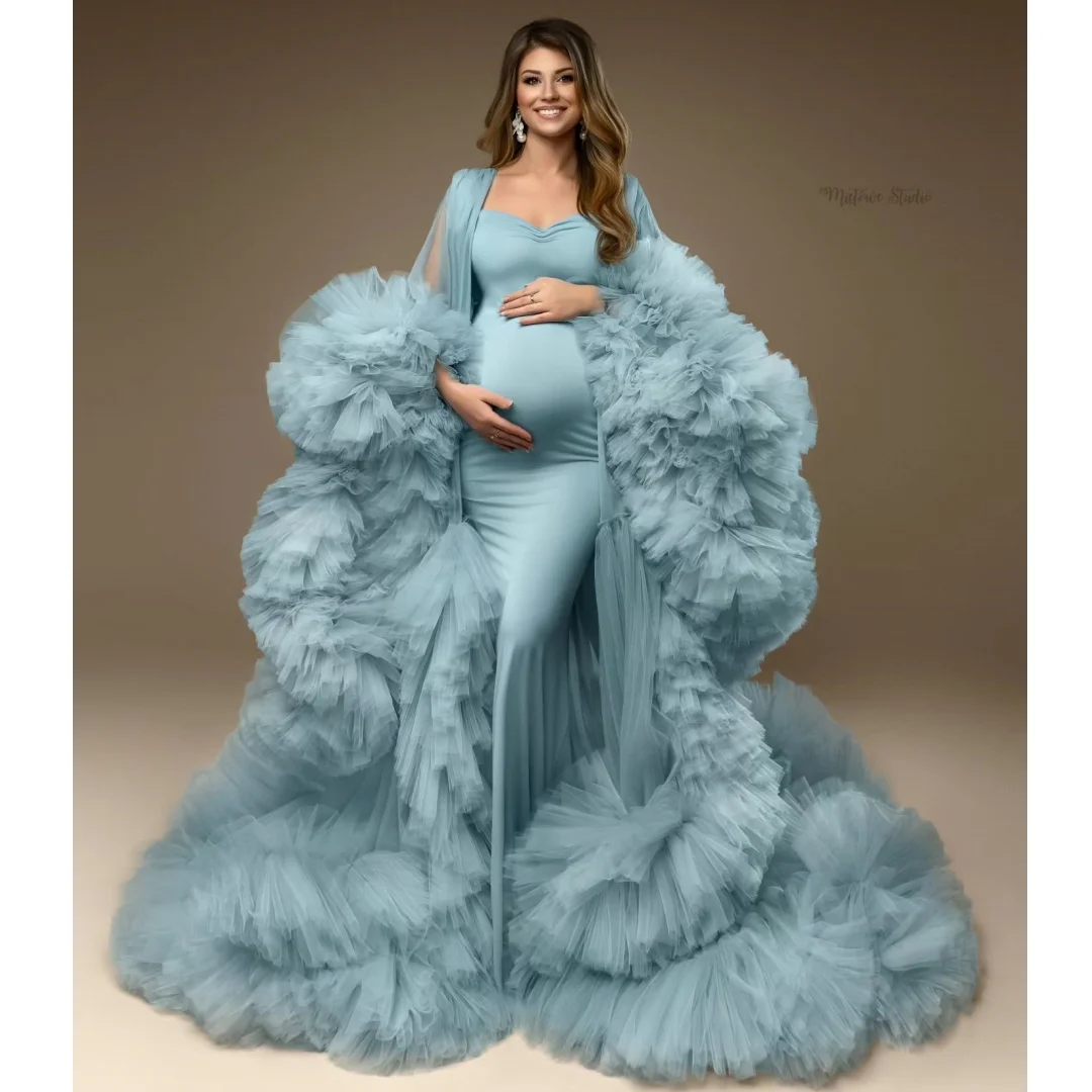 2 Pcs Blue Prom Dresses 2026 Tulle Ruffles Maternity Photoshoot Dress Plus Size Stretchy Baby Shower Gown Customized