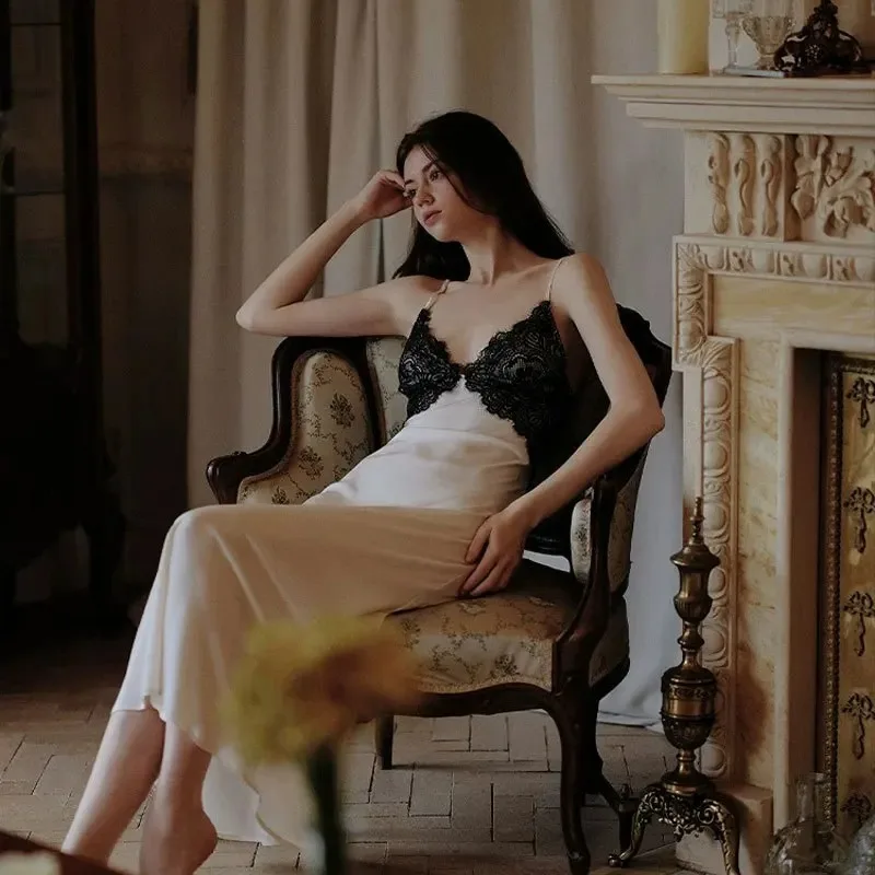 

Sexy Chemise Sleepwear Lace Backless Nightdress Ice Silk Pajamas Female Lingerie Long Home Dressing Gown Nightgown