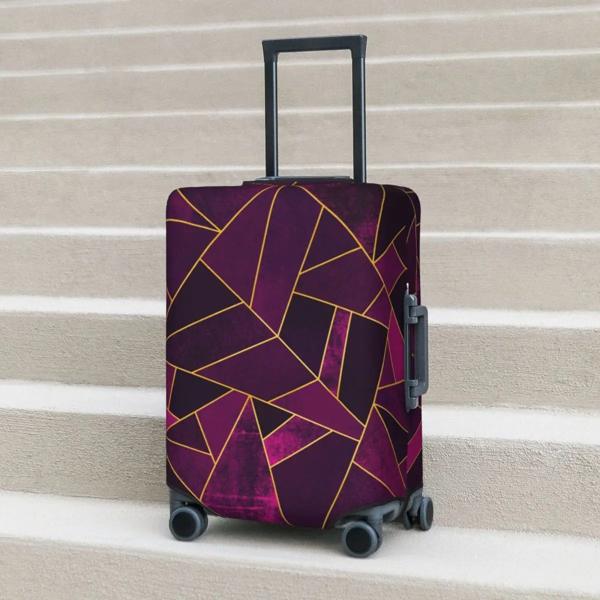 

Gold Geometric Lines Art Suitcase Cover Purple Stone Travel Holiday Strectch Luggage Accesories Protector