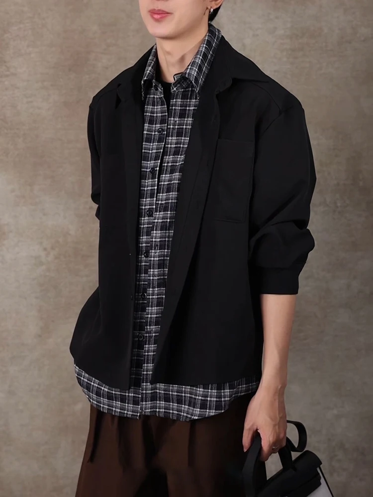 

Мужская рубашка в клетку с длинным рукавом, повседневная, с дизайнерскими вставками, свободного кроя, из полиэфирного волокна, для осени, весны и лета