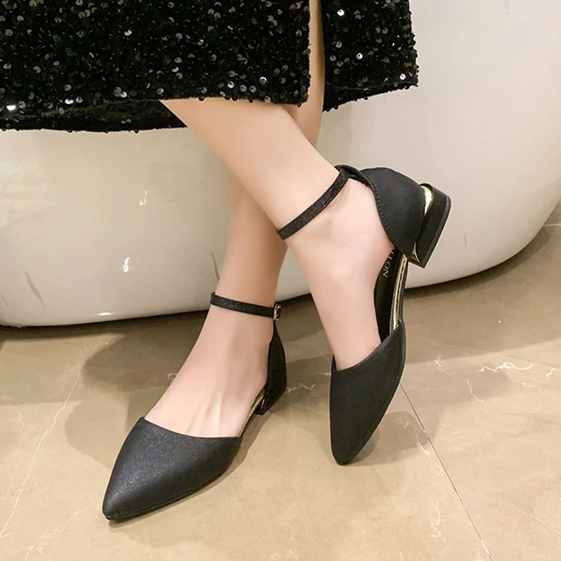 Ankle Buckle Low Heels Pumps Women Pointed Toe Square Heeled Party Shoes Woman Plus Size 43 Fashion Ankle Strap Casual Shoes