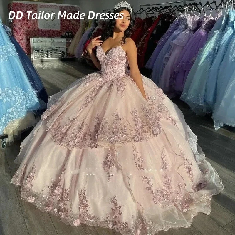 

Pink Ball Gown Quinceanera Dress 3D Floral Applique Ruffles Tiered Floor Length Sweet 15 Gown Customized Prom Occasion Party
