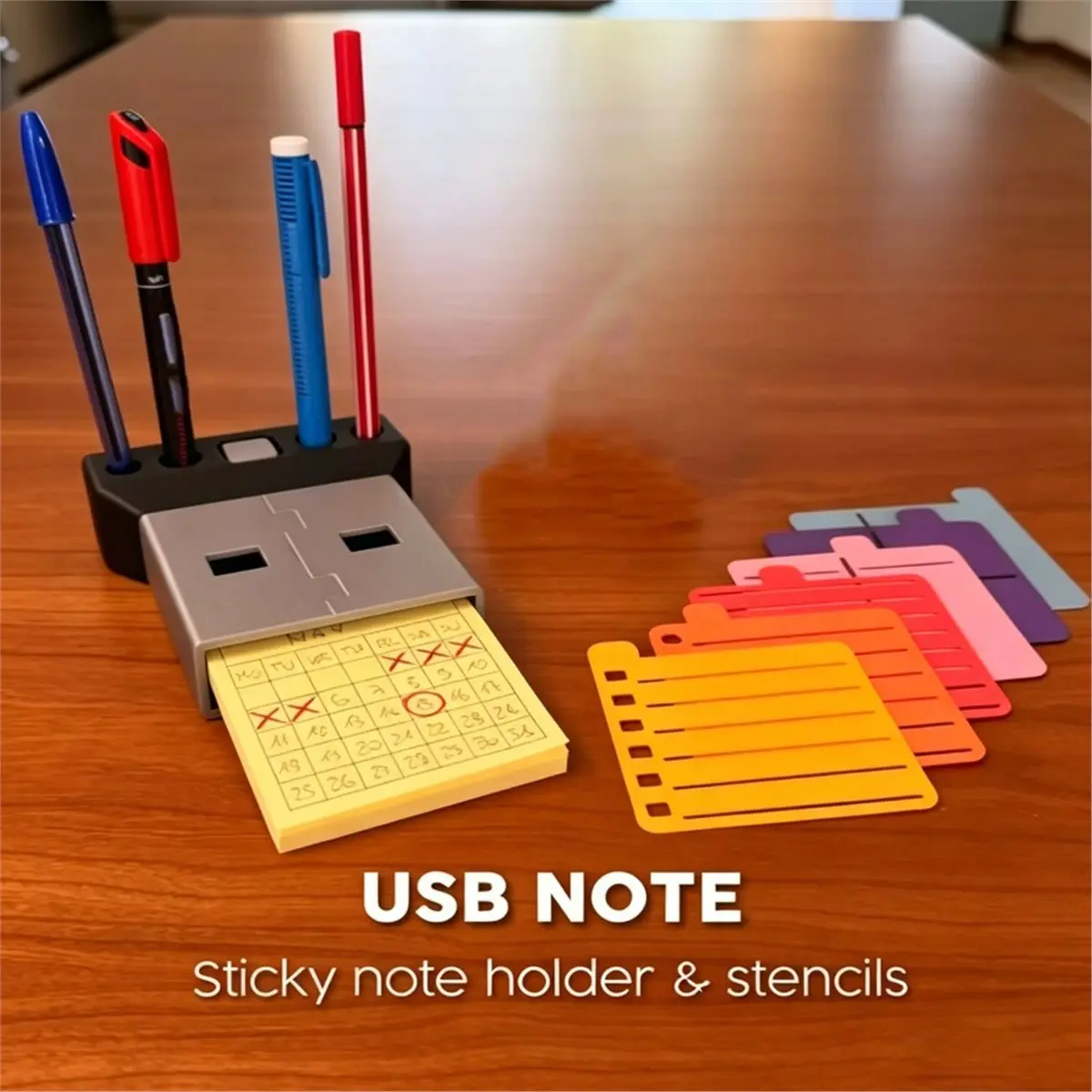 computer 3D Printed Giant USB Organizer with Stencils USB Powered Sticky Note Holder Drawing Template Design Stationery Storage