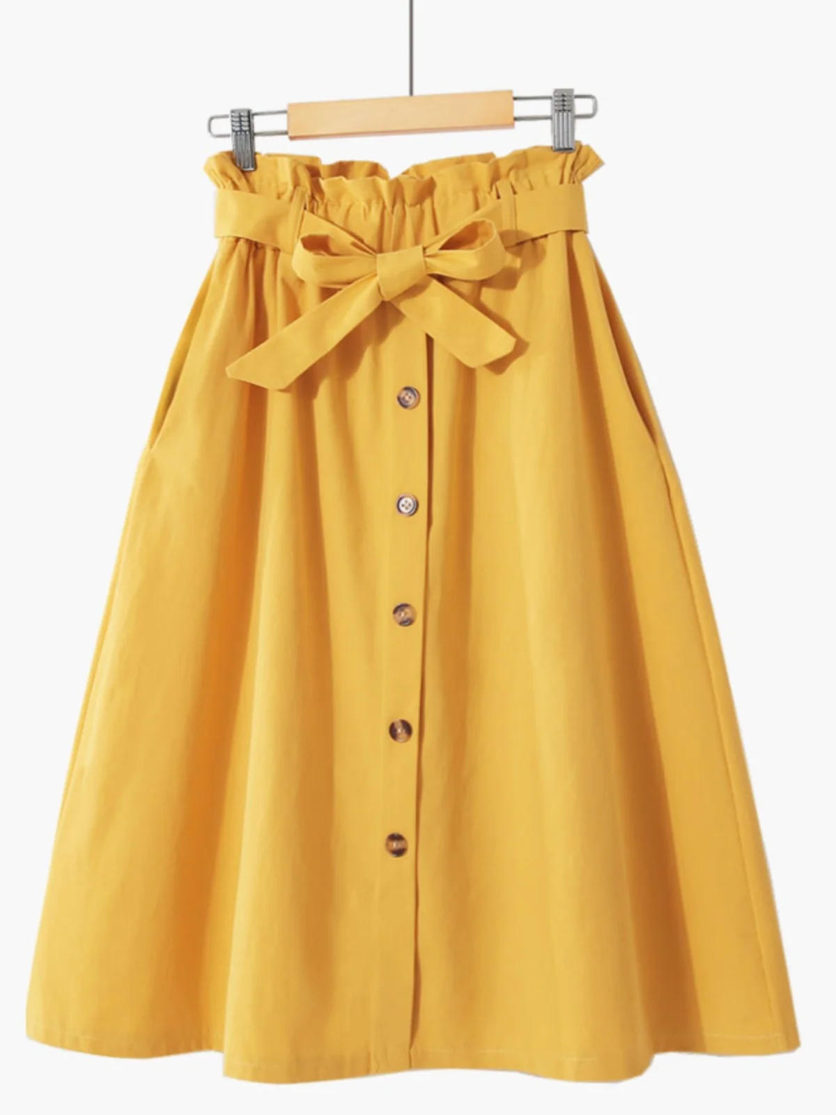 Autumn New Korean Elastic High Waisted Pocket Artistic A-line Large Skirt Single Breasted Versatile Solid Color Cotton Skirt