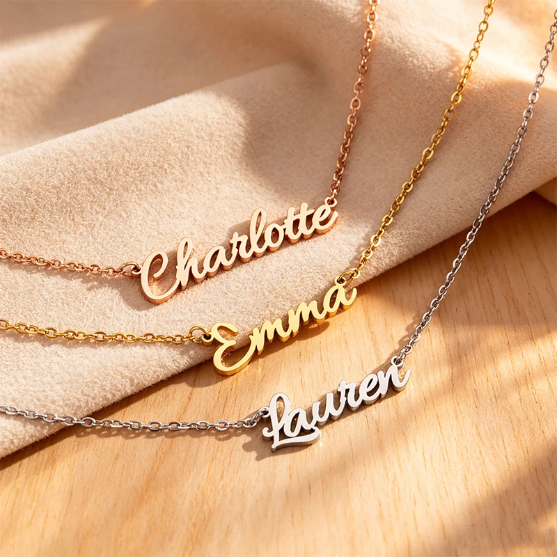 Stainless Steel Customized Cutting Your Name Letters Pendant Necklace Different Fonts Woman Personalized Name Necklace Jewelry