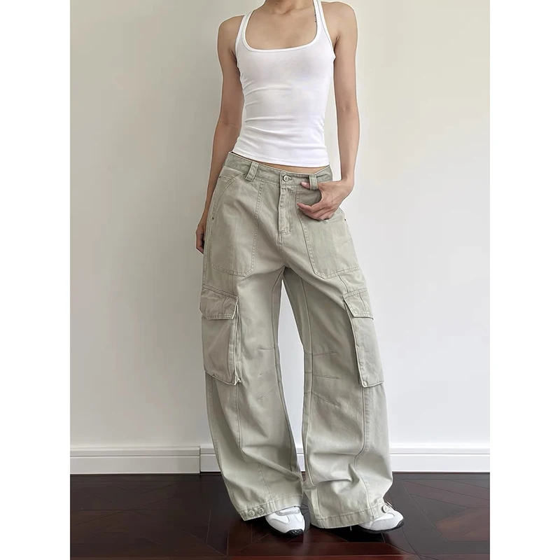 

ZHIZOU Grey Women Jeans High Waist Vintage 2000s Baggy Denim Pants Streetwear Y2K American Style Fashion Wide Leg Denim Trouser