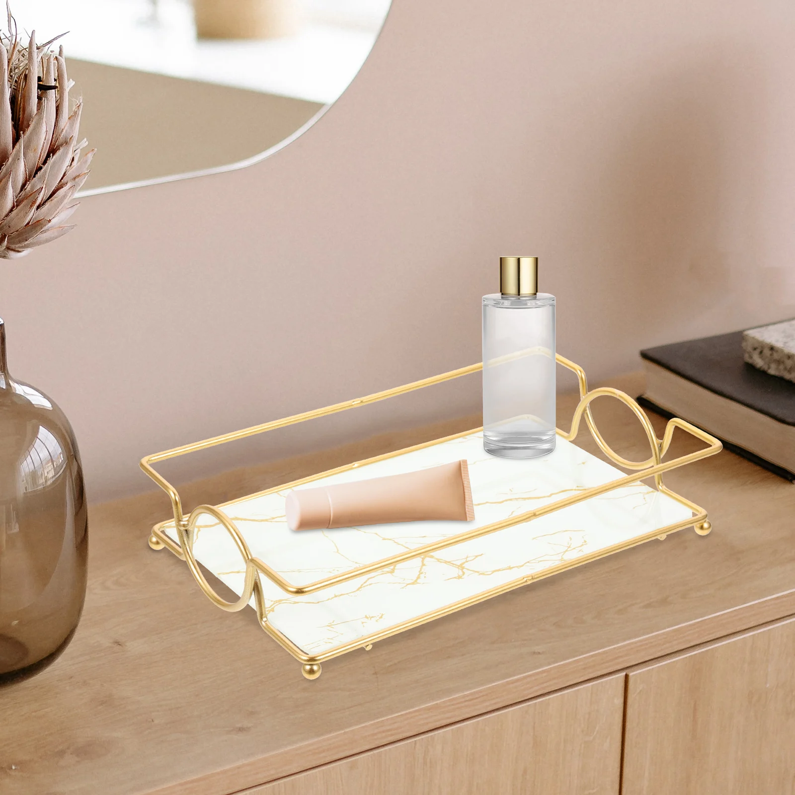 

Bathroom Vanity Tray Cosmetics Holder Perfume Trays Marbled Surface Shiny Edge Decorations Easy Maintenance Bathroom Vanity Tray