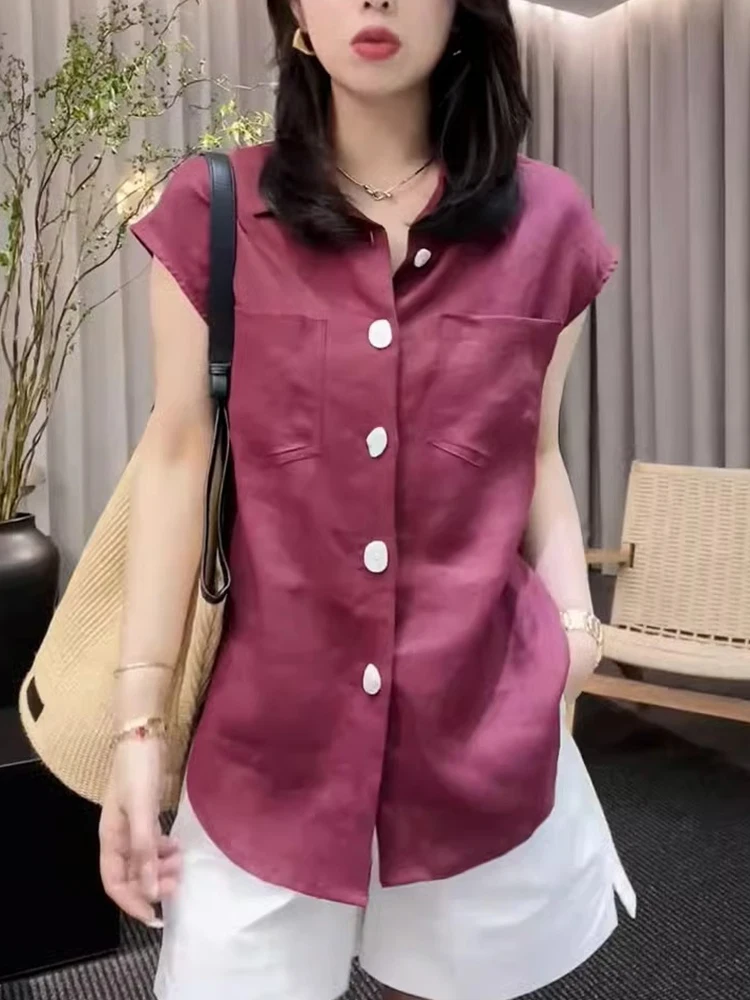 

Retro Hong Kong Sle Single Button Casual Thin Satin irt Comfortable Soft ort Sve Summer Faion Women's Clothing