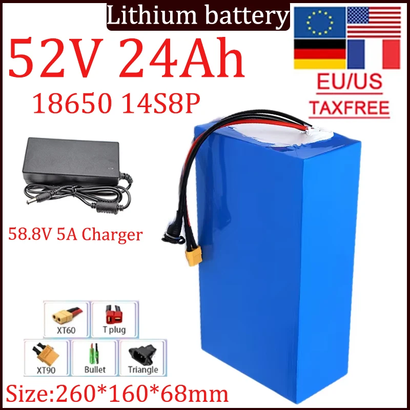 52V 24Ah lithium battery pack 18650-14S8P built-in high-power BMS, suitable for 48V 2000W Spare high quality battery+5A Charger