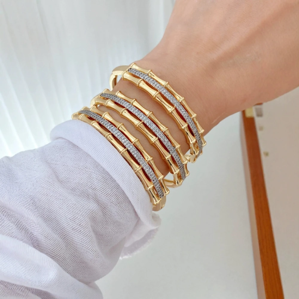 

Fashion Bamboo Joint Drsign Pave Zircon Gems Gold Plated Brass Woman Bangle Bracelet Jewelry Gift