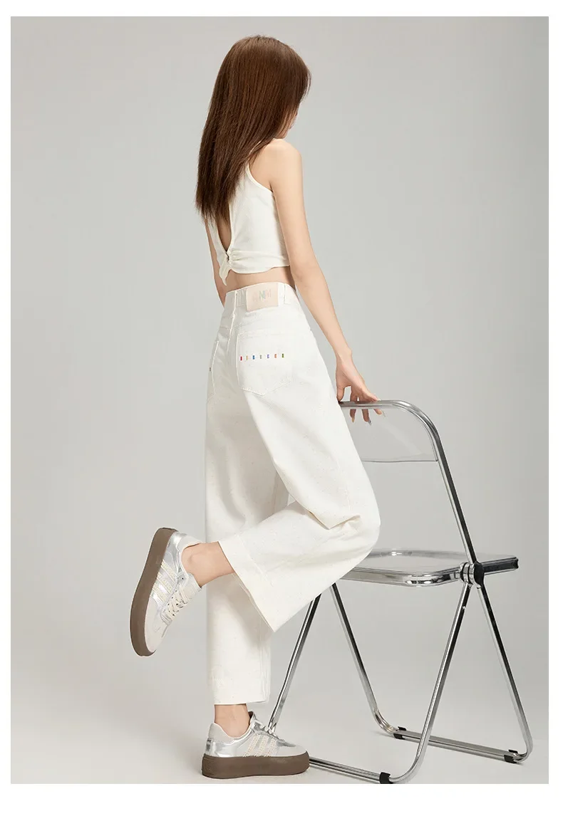 

Новые летние модные свободные широкие девятидюймовые джинсы. Джинсы с завышенной талией и простым удобным цветным дизайном в горошек для женщин