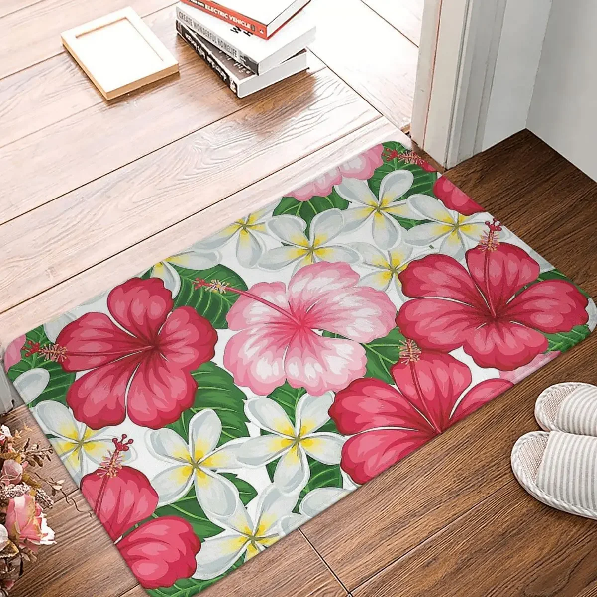 Tropical Leaves Beach Bathroom Mat Flower Explosion Of Plumeria And Hibiscus Rug Home Doormat Living Room Carpet Balcony