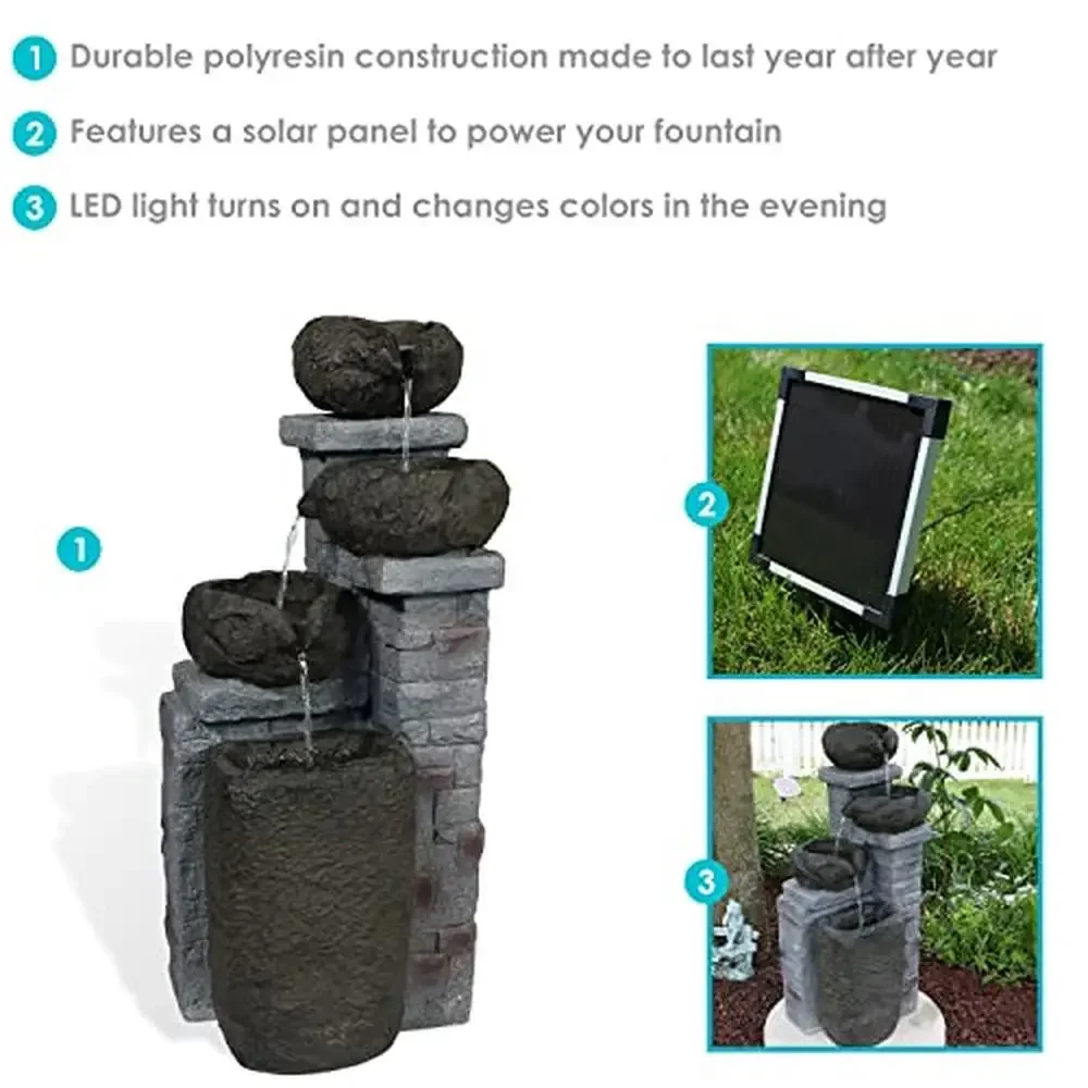 30-Inch Solar Water Fountain with LED Lights and Battery-Powered Backup Pump Durable Polystone Design Relaxing Outdoor Landscape