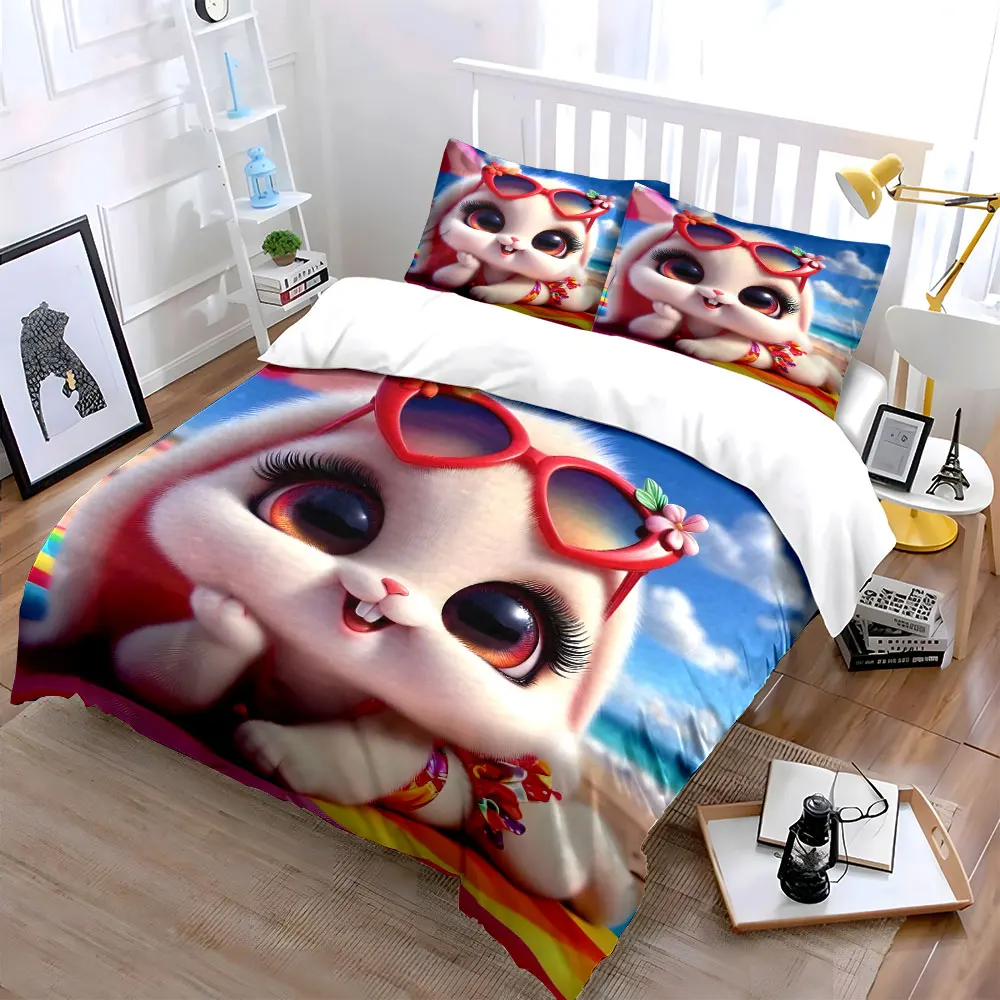 Adorable Bunny Relaxing on Beach Print Bedding Set 1 Duvet Cover 2 Pillowcases for Adult and Children Luxury Gift Full Size