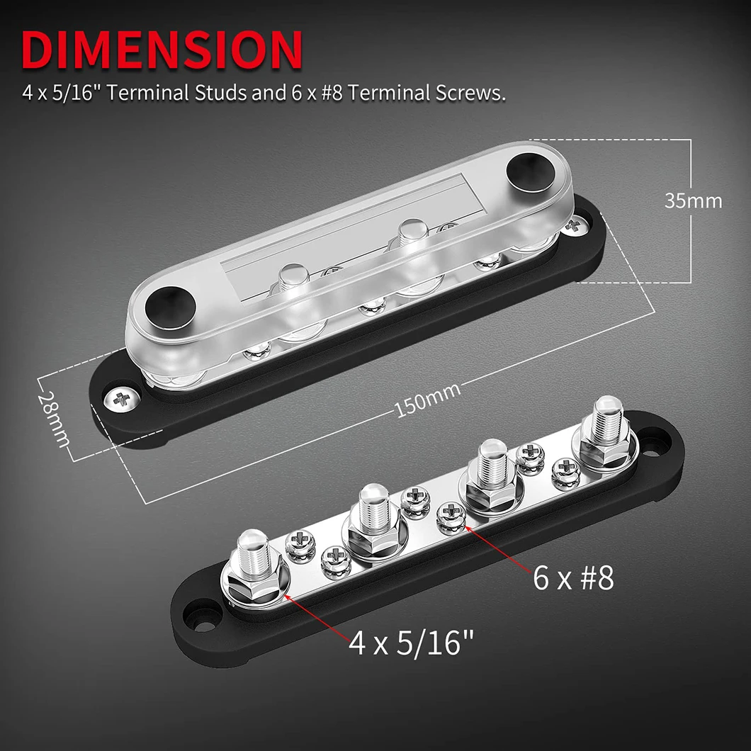 

4x 5/16" (M8) Terminal Stud+6 x M4 Screw Terminal 12V - 48V 150Amps Marine Battery Bus Bar Distribution Block with Cover
