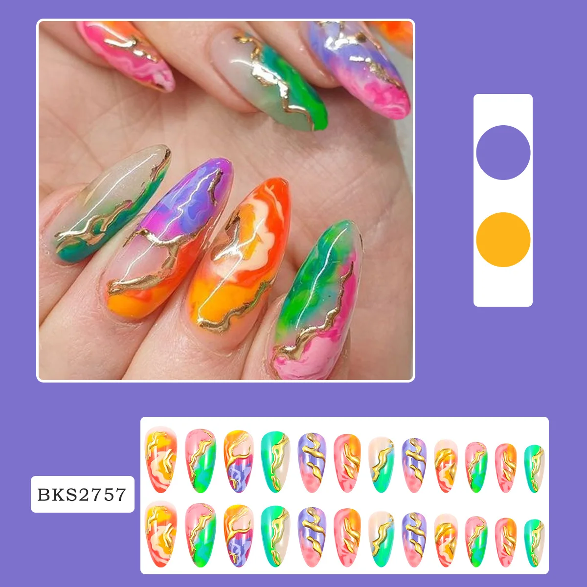 Press on Nails Almond Shaped Medium Stiletto False Nails Colorful Stick on Nails Smudge Marble Designs Glue on Nails Acrylic Tip