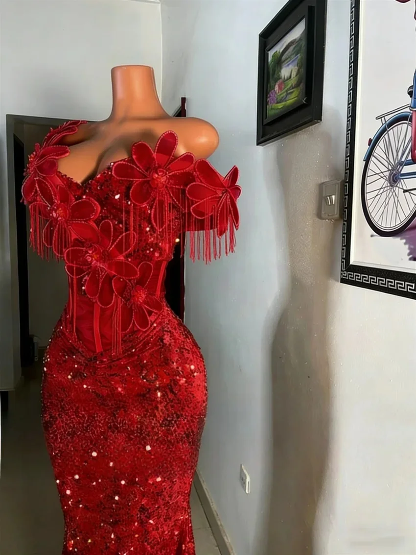Red Long Prom Dresses For Black Girls Sheer Sequins Beaded Birthday Party Dresses African Evening Gown Robe De 2026 Customized