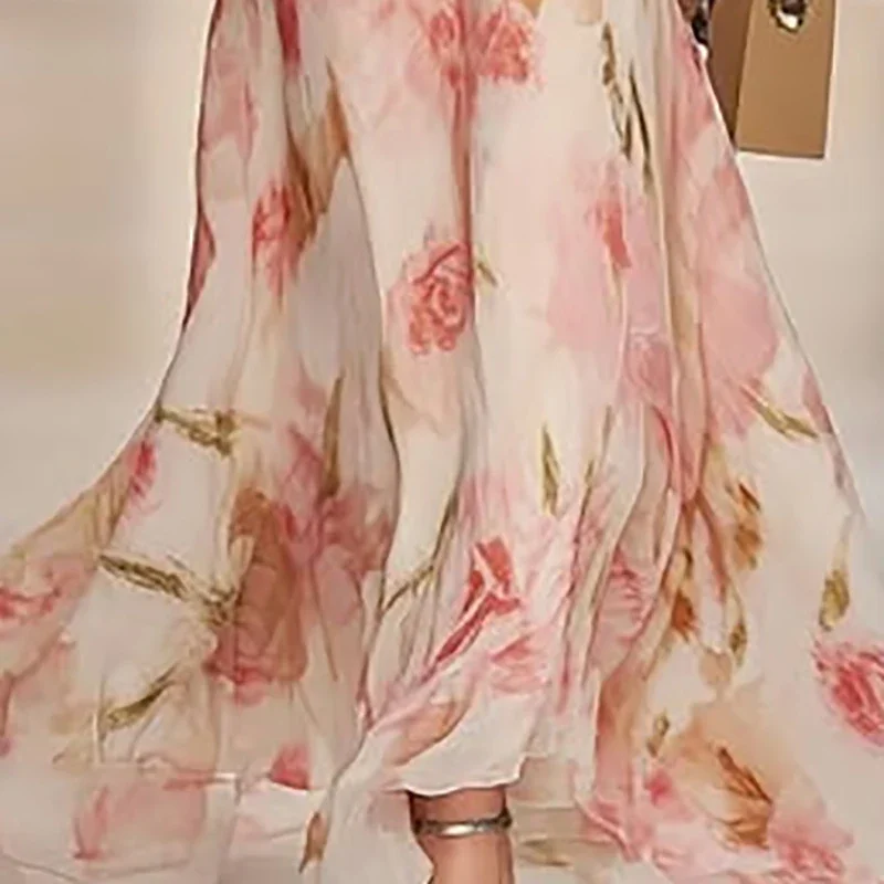 Abito lungo stile Boho elegante con stampa floreale Donna Primavera scollo a V Abito da festa a vita alta Abito estivo con zip a maniche corte Vestido