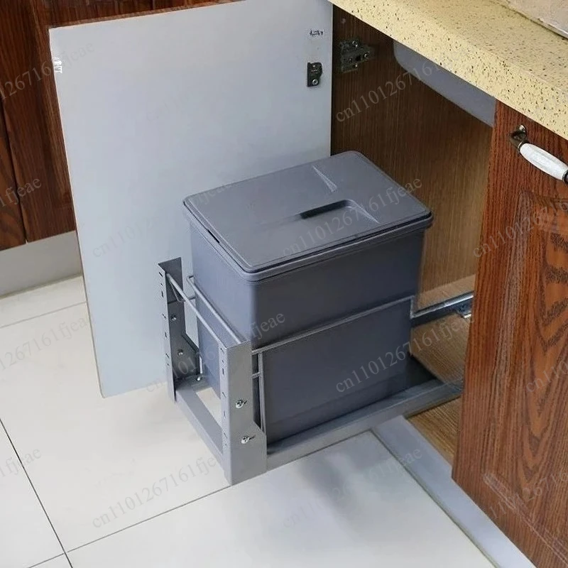 Hidden Embedded Trash  Kitchen Damping Rail Pull-out Basket Can with Lid Cabinet Inside Rice Sorting Storage Box Shallow Narrow