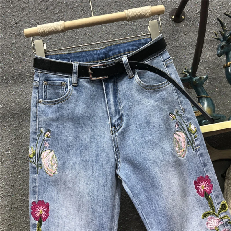 Jeans feminino, bordado de cintura alta, calça jeans harém casual, calça senhora vaqueiro, moda feminina, outono, nova, 2024