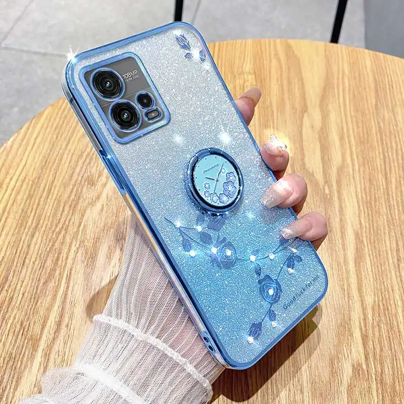 Floral Rhinestone Bling Soft Case For Motorola Moto G73 G53 G23 G13 G84 G82 G72 G71s G71 5G Flower Pattern Phone Case With Ring