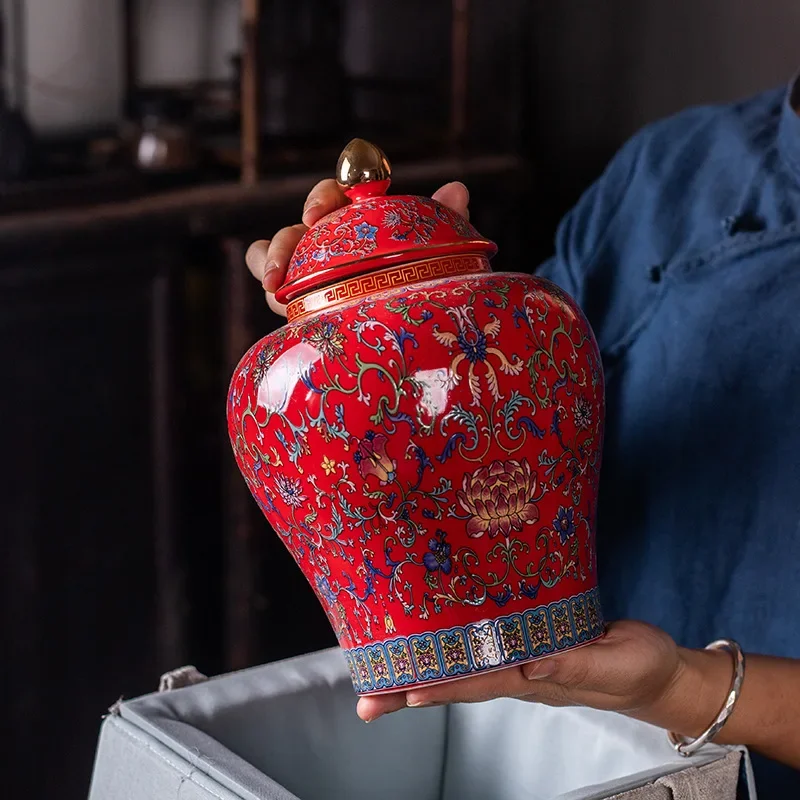 Red Painted Ceramic Storage Jars Large Capacity Sealed Tea Tins Gilded Porcelain Crafts Decoration